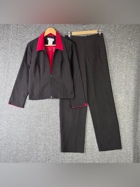 Miss Dorby 3 Piece Black Pinstripe Suit: Jacket, Pants & Red Shell for Y2K Look